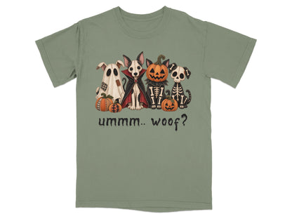 Halloween dogs dressed as a ghost, vampire, skeleton, and pumpkin with text.