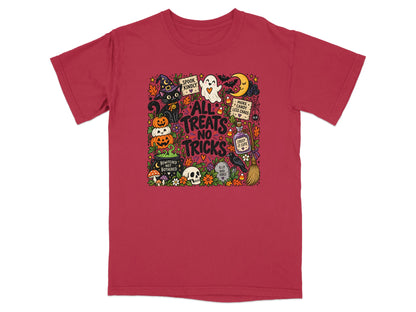 Red t-shirt with "All Treats No Tricks" Halloween graphic featuring a cat, ghost, pumpkins, and moon.