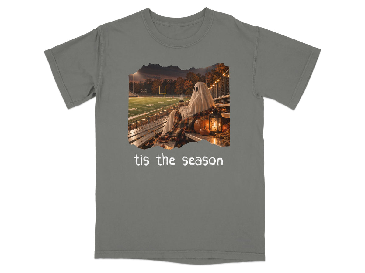 Ghost in blanket on stadium bleachers with pumpkins and text "tis the season".
