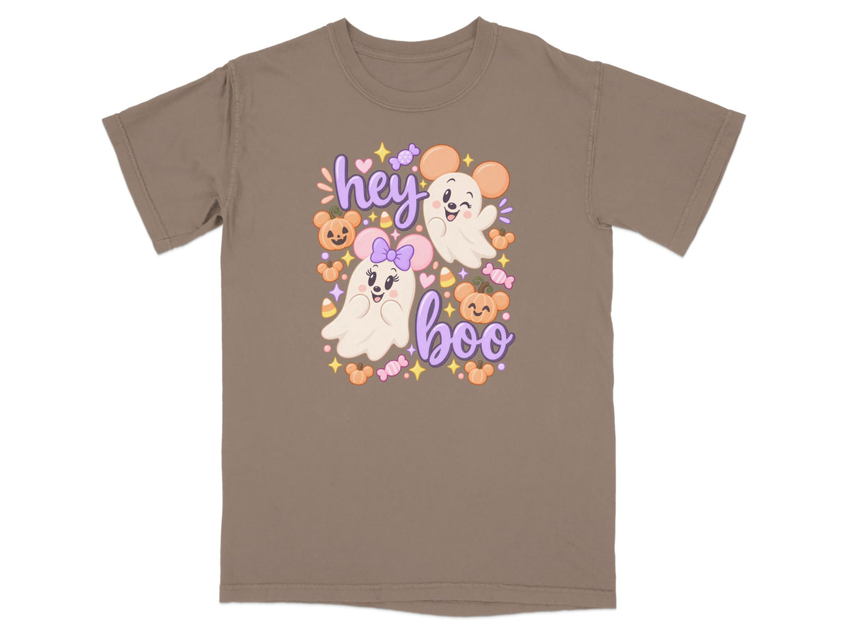 Brown t-shirt with cute ghosts, pumpkins, and candy graphic reading "hey boo".