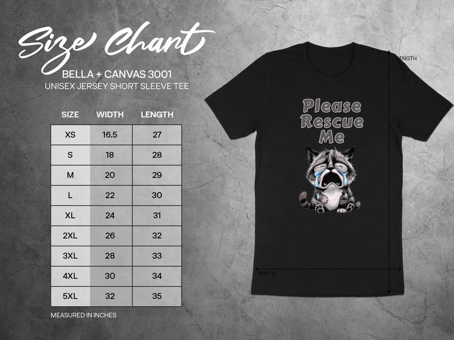 Bella + Canvas 3001 size chart for unisex short sleeve tee with crying raccoon graphic.