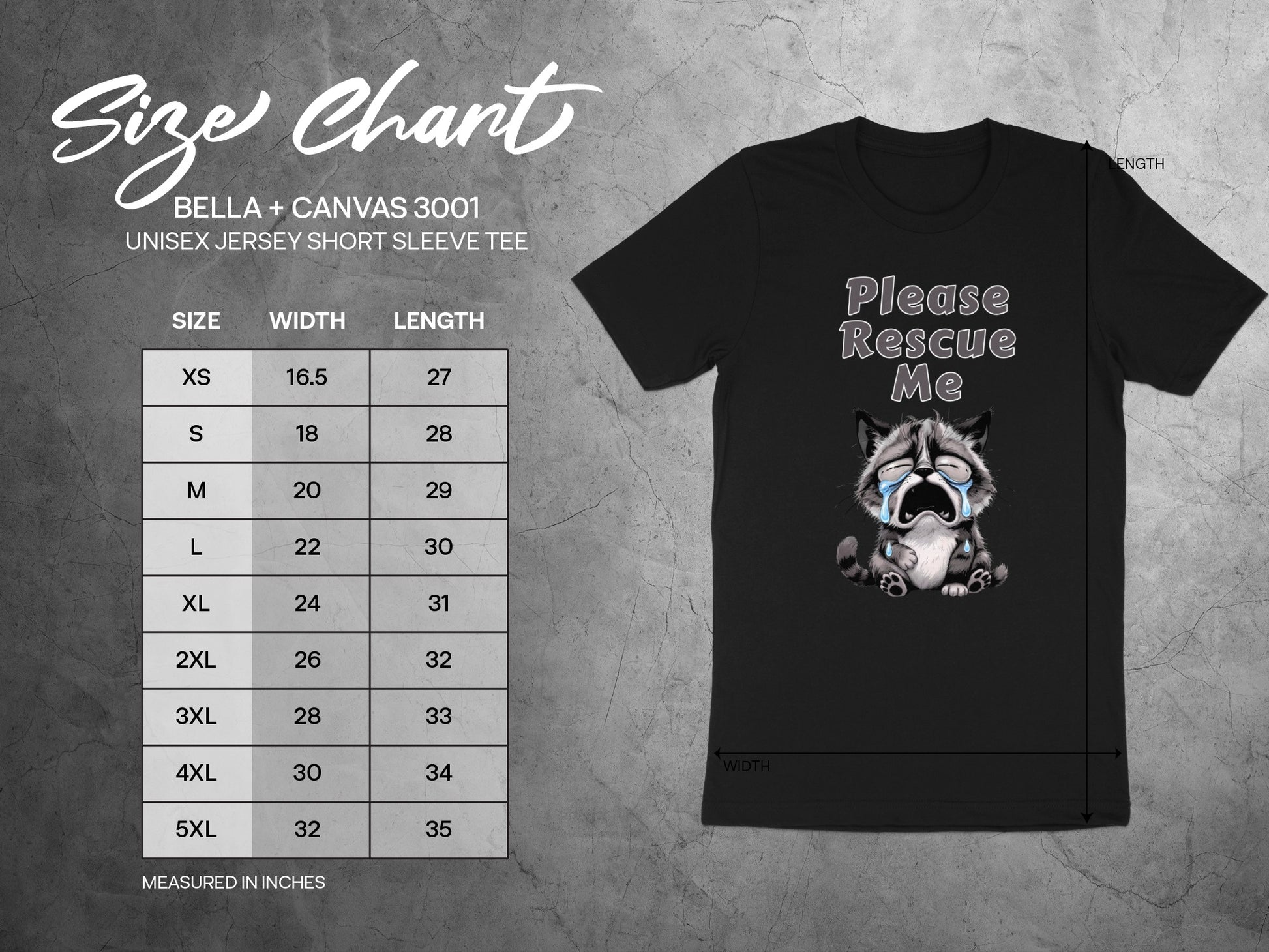 Bella + Canvas 3001 size chart for unisex short sleeve tee with crying raccoon graphic.