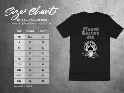 Bella + Canvas 3001 size chart for unisex short sleeve tee with crying raccoon graphic.
