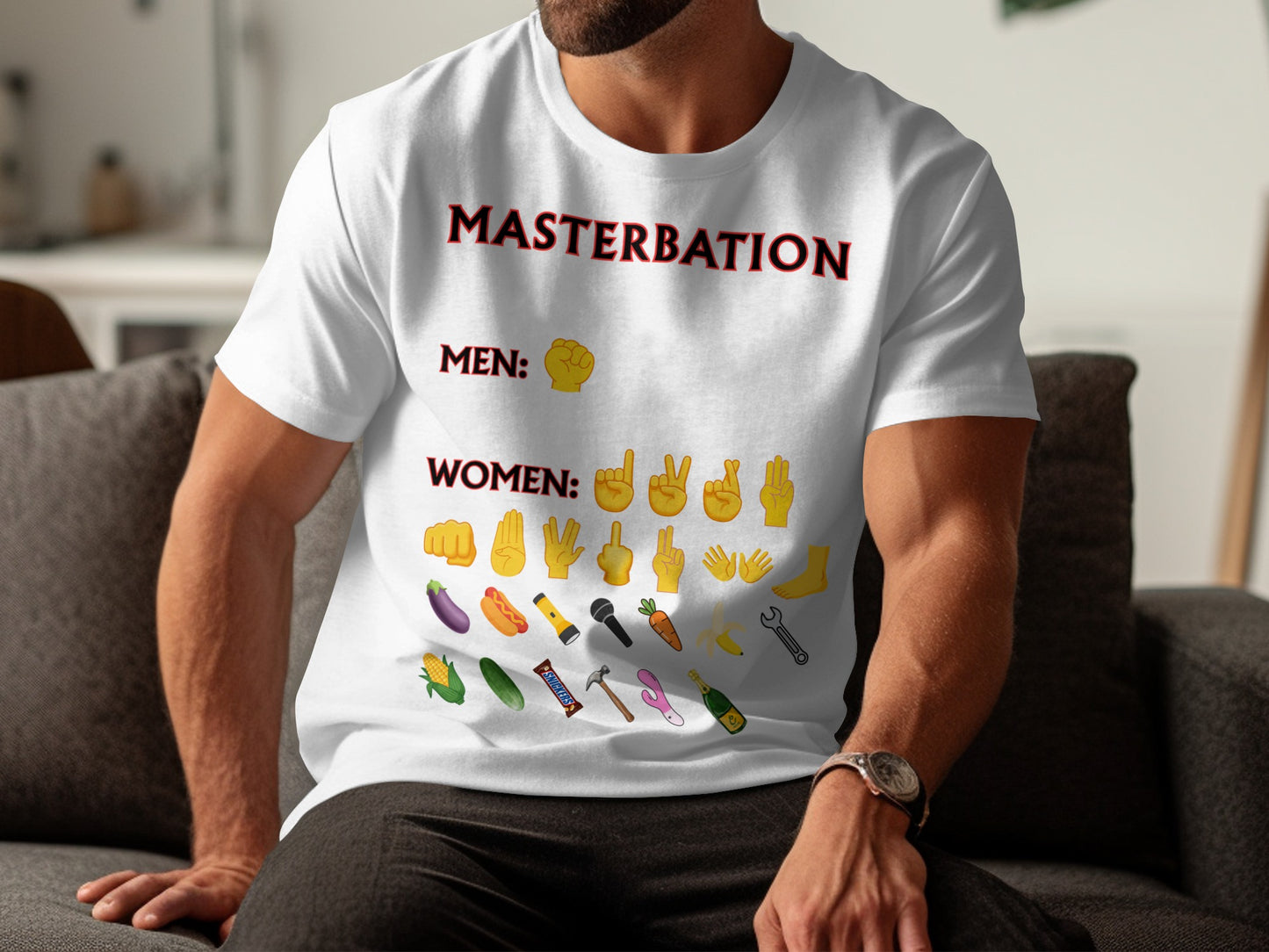 White t-shirt with "MASTERBATION" text, men's and women's hand gestures, and various emojis.