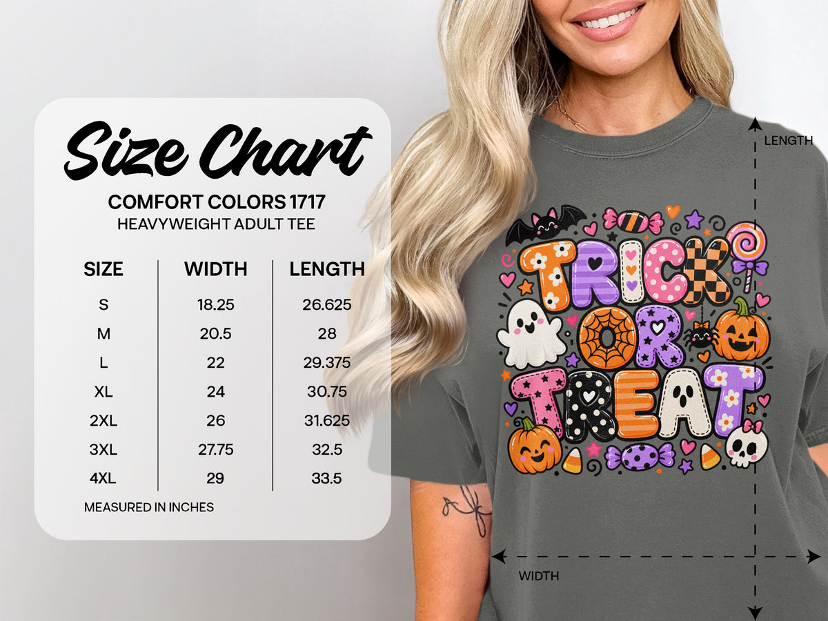 Size chart for Comfort Colors 1717 heavyweight adult tee with "Trick or Treat" graphic.