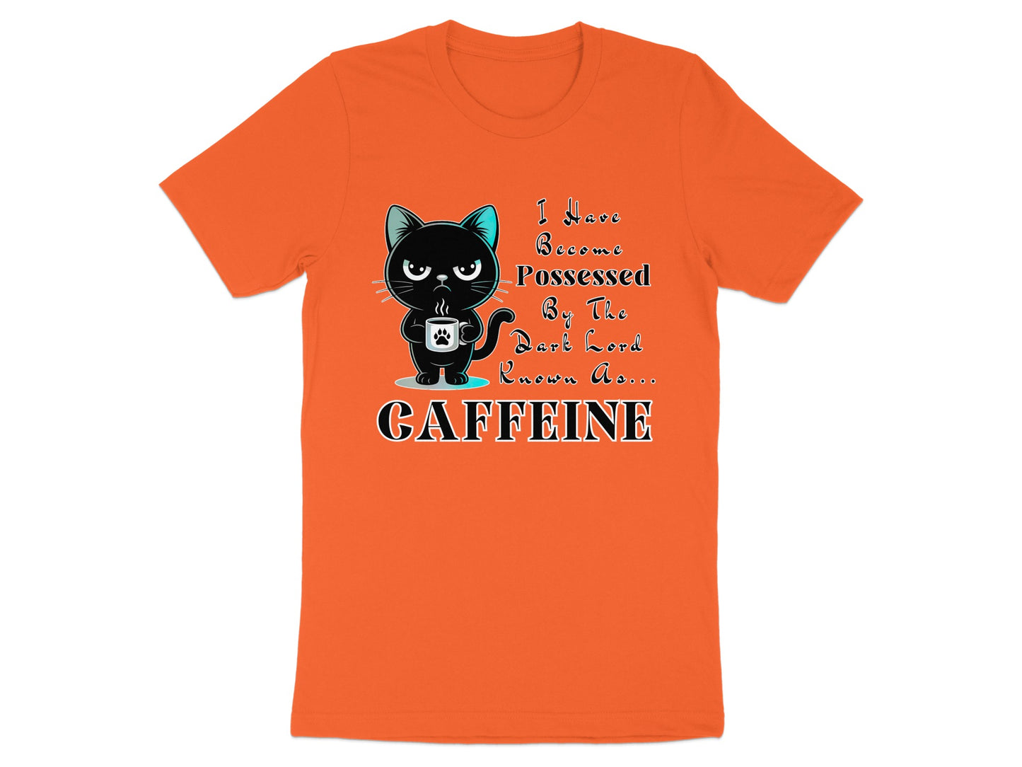 Orange t-shirt with a black cat holding a coffee cup and text about caffeine.
