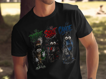 Black t-shirt with cartoon joint, scooter, and canoe graphics with "Doobie," "Scoot," and "Canoe" text.