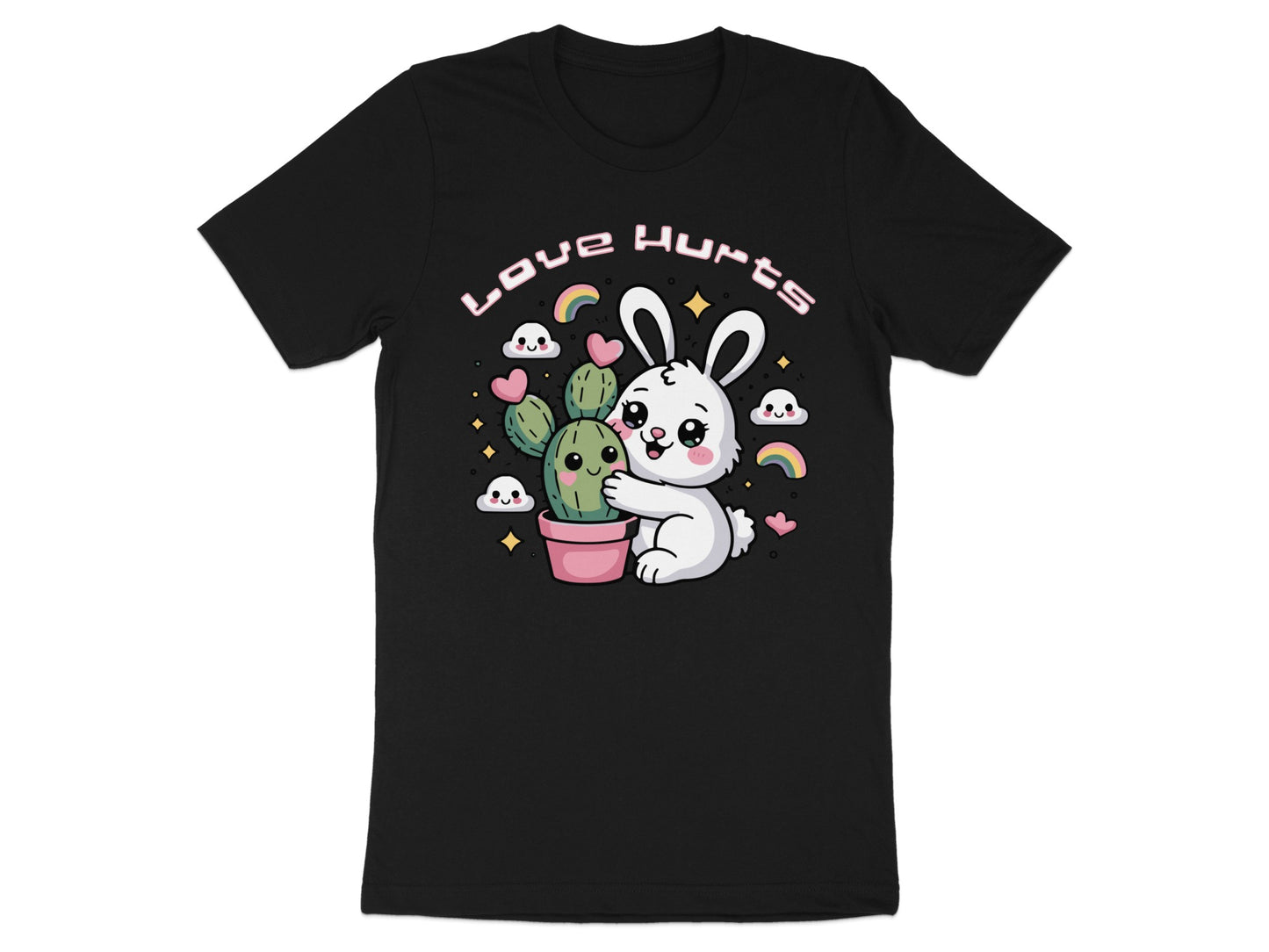 Cute white bunny hugging a cactus with "Love Hurts" text above.