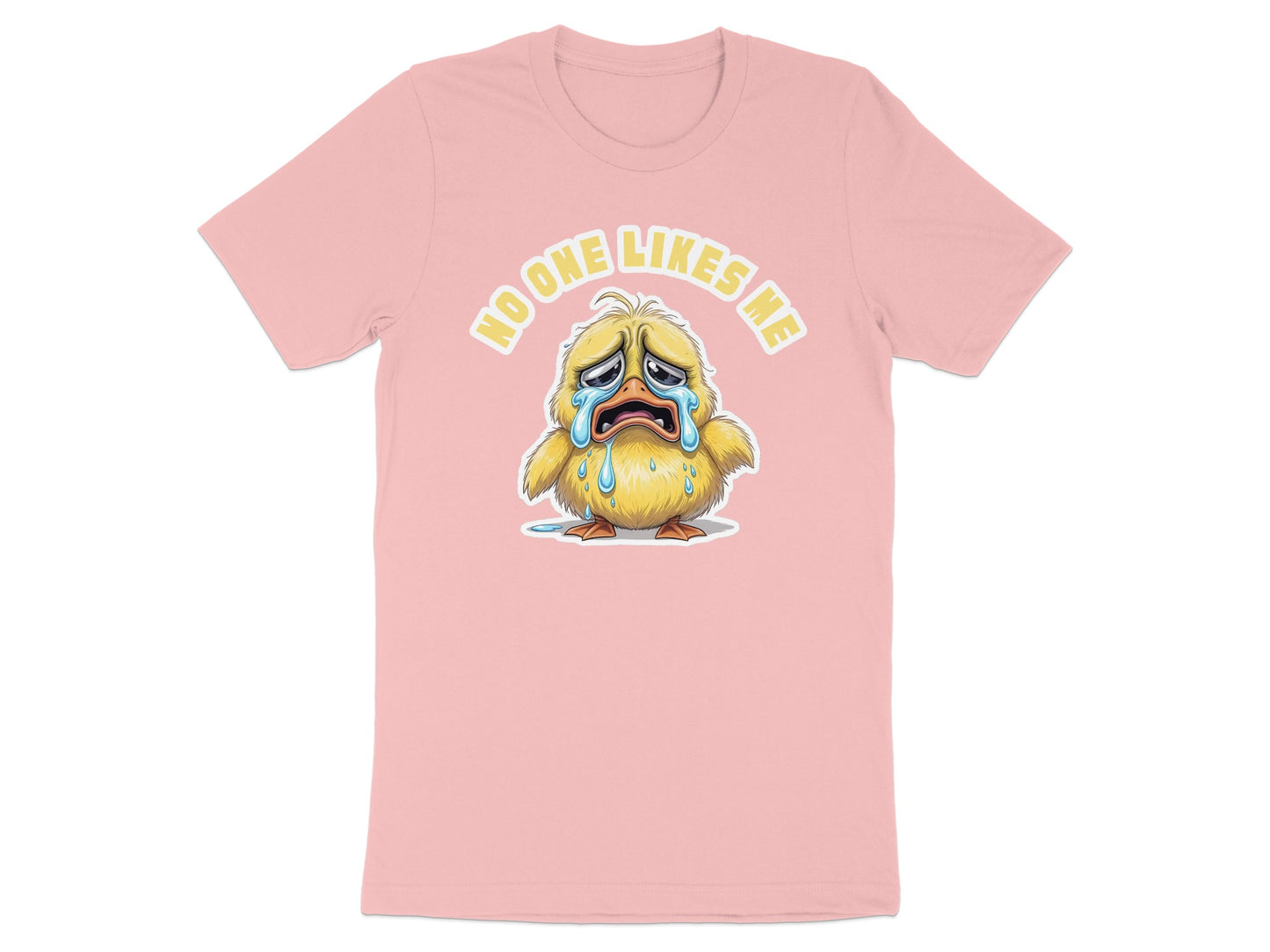 Pink t-shirt with a sad crying chick graphic and text "no one likes me."