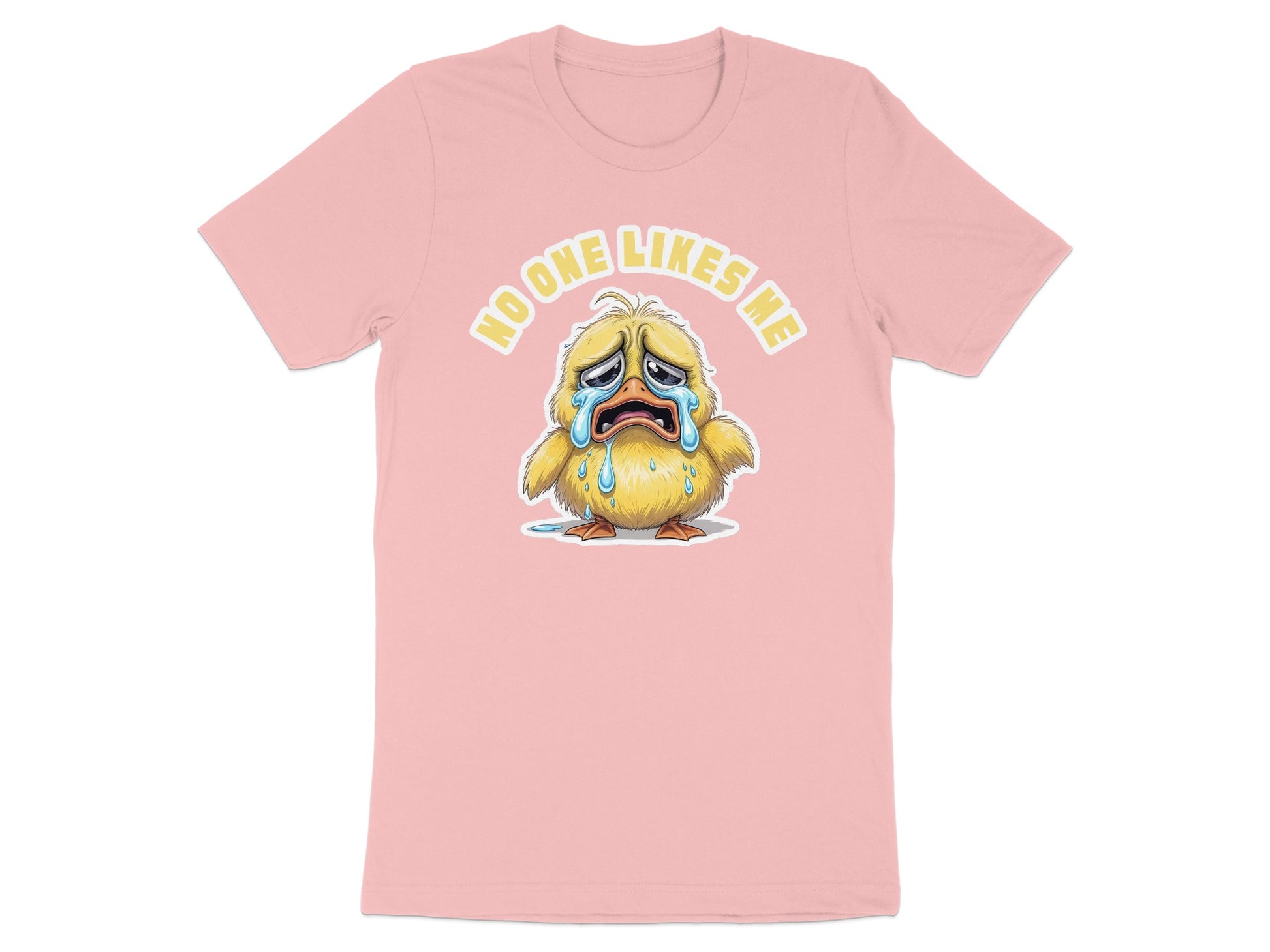 Pink t-shirt with a sad crying chick graphic and text "no one likes me."