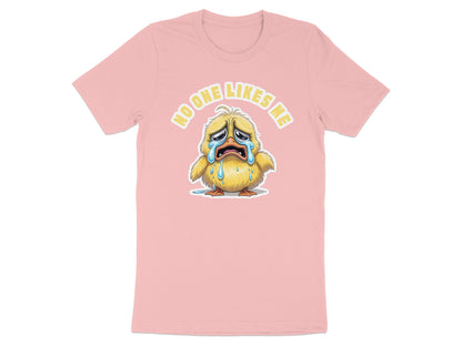 Pink t-shirt with a sad crying chick graphic and text "no one likes me."