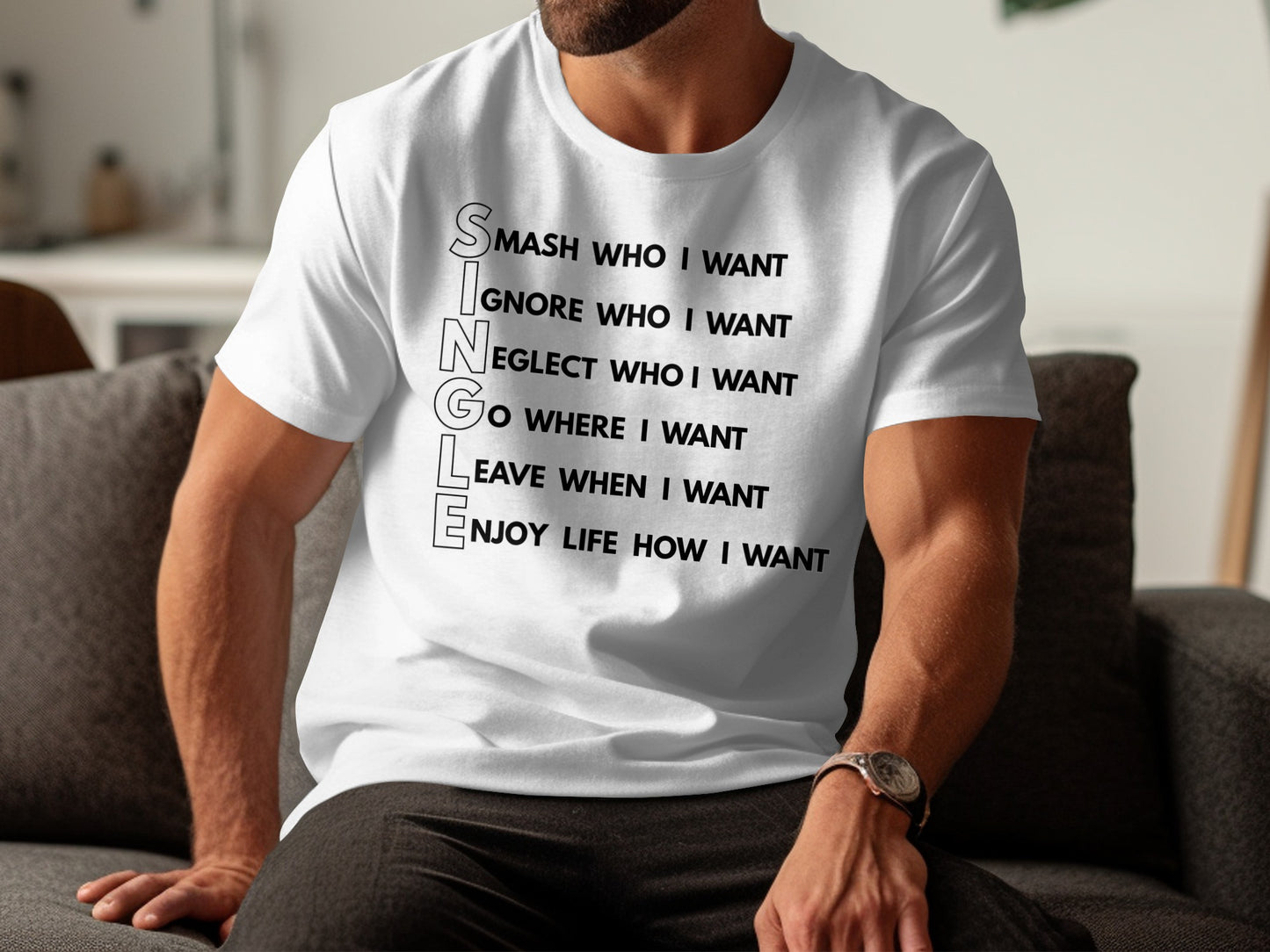 White t-shirt with "SINGLE" spelled out and its meaning.