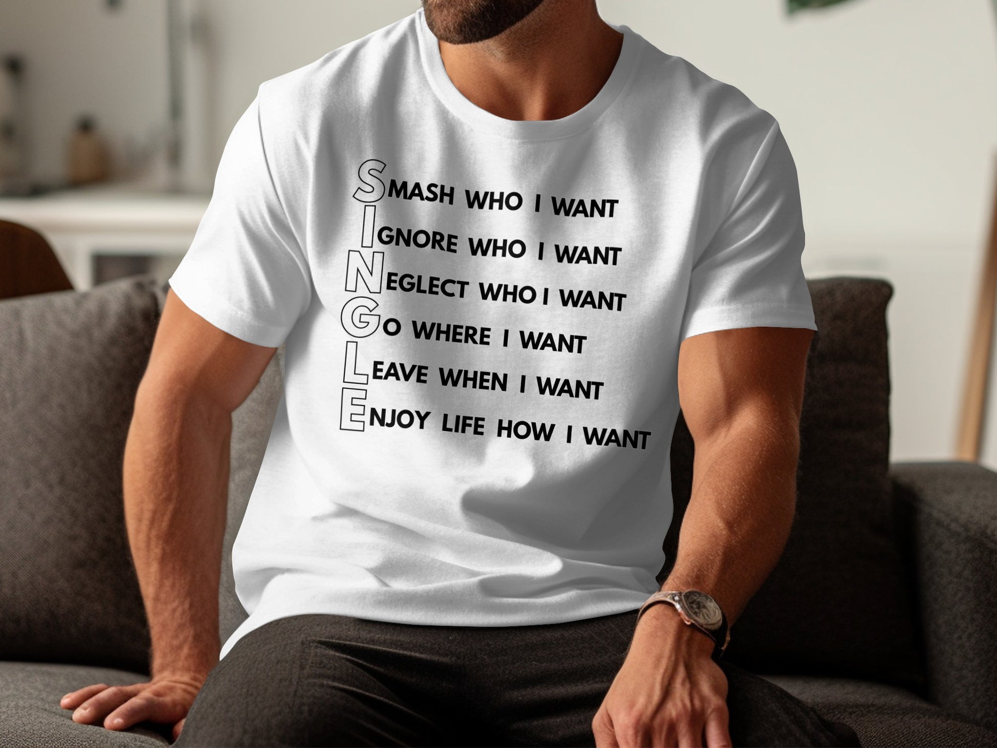 White t-shirt with "SINGLE" spelled out and its meaning.