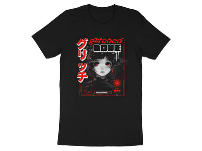 Black t-shirt with glitch art of anime girl, "Glitch Love", and loading bar.