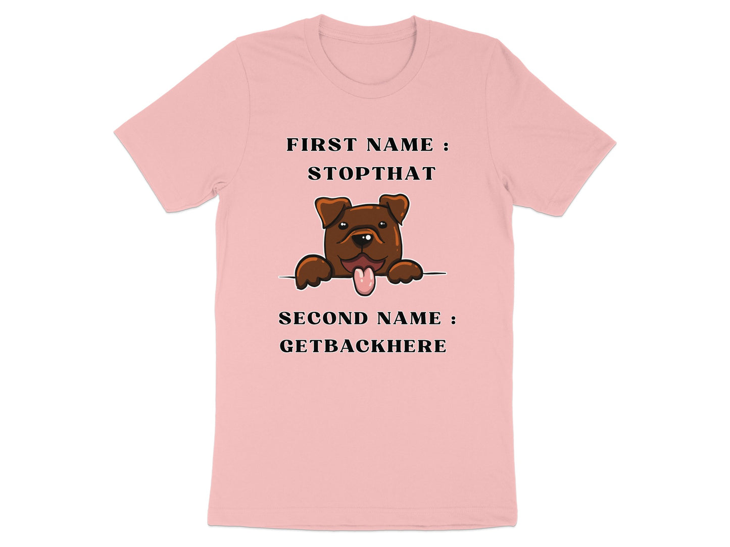Pink t-shirt with cartoon dog and text "FIRST NAME : STOPTHAT SECOND NAME : GETBACKHERE".
