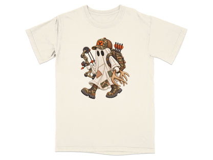A cream-colored short-sleeved t-shirt features a cartoon graphic of a ghost dressed as a hunter holding a bow.