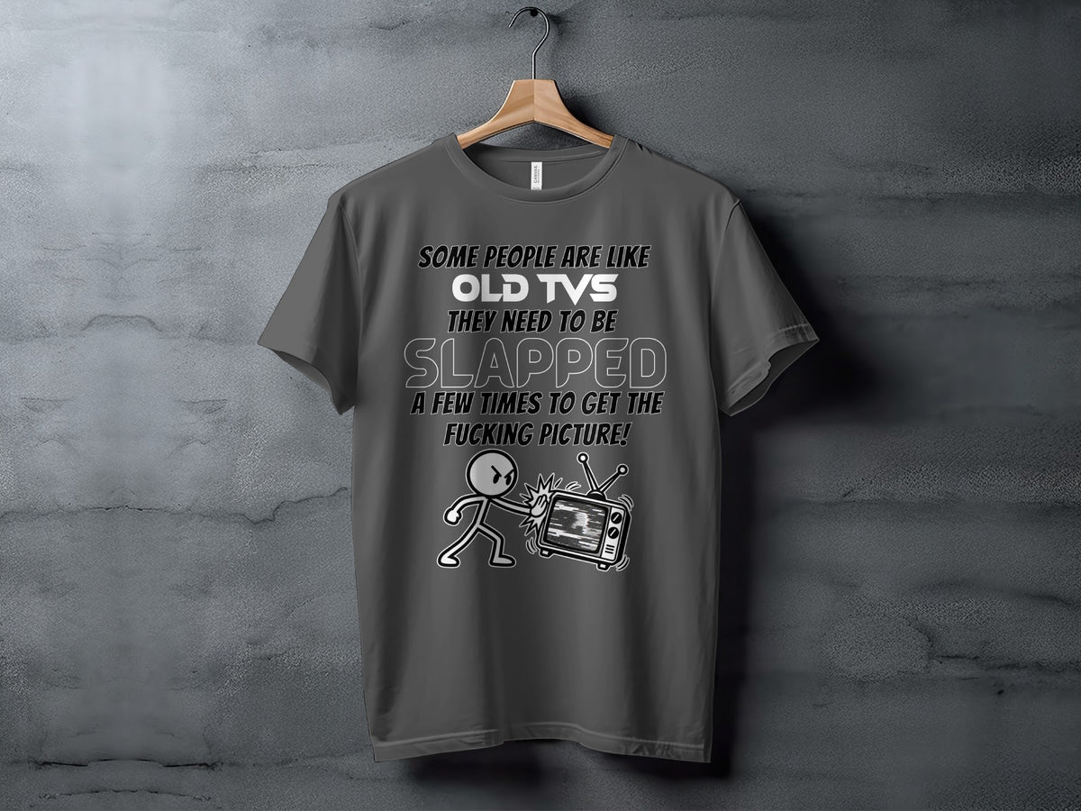 Dark gray t-shirt with graphic of a stick figure slapping an old TV.
