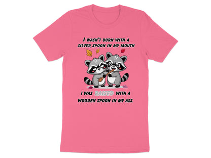 Pink t-shirt with two raccoons and text about a spoon.