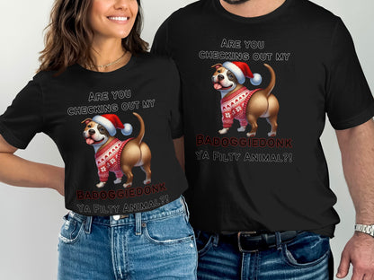 T-shirts display pit bull wearing Santa hat and sweater saying "BADOGGIEDONK YA FILTY ANIMAL?!".