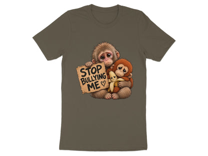 Two sad monkeys hug a banana, one holding a "Stop Bullying Me" sign.