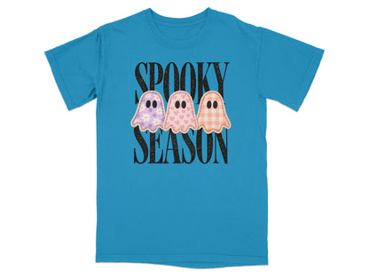 Blue t-shirt with "SPOOKY SEASON" text and three decorative ghosts.