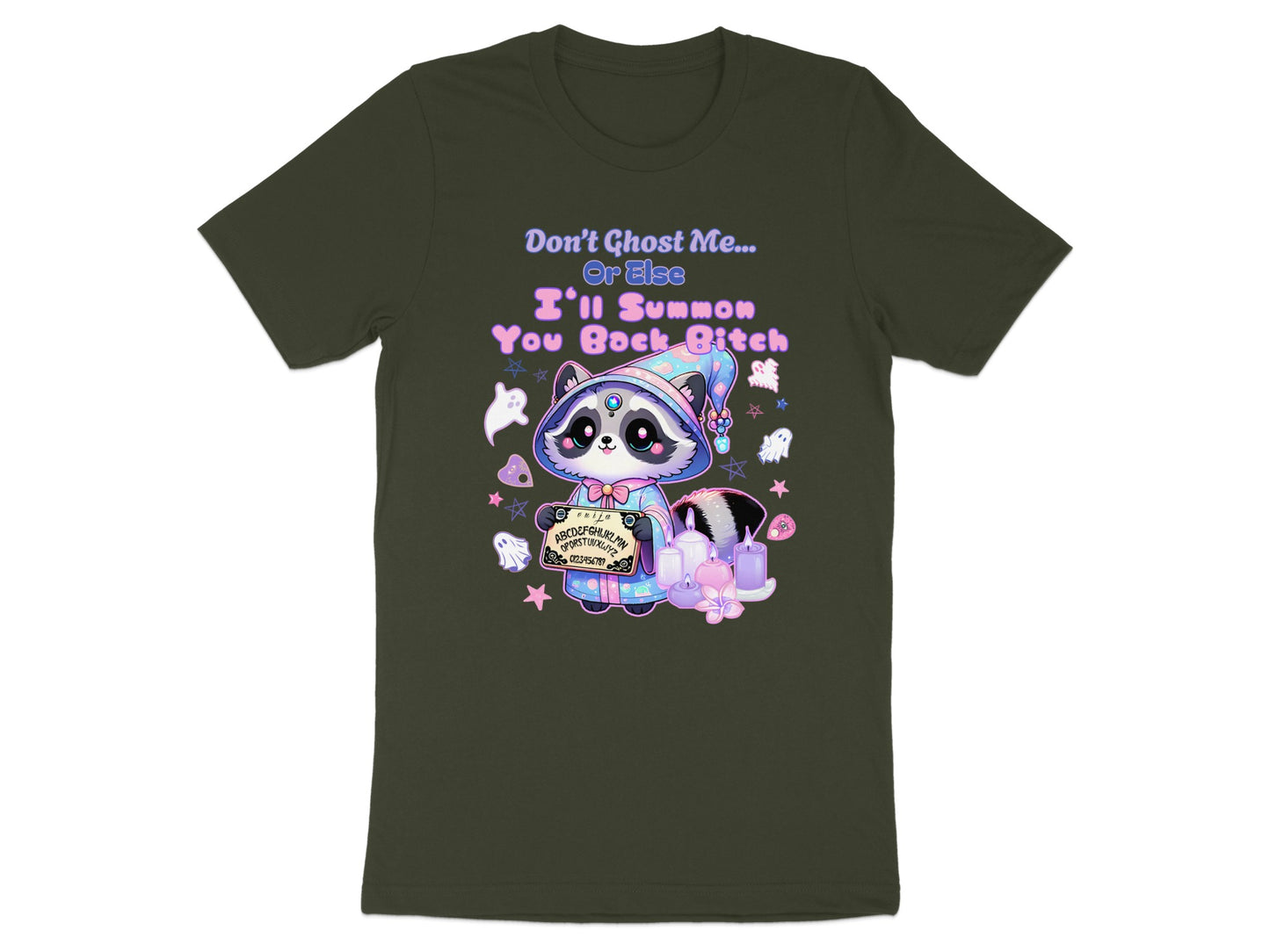 A raccoon in a witch hat holds an Ouija board, surrounded by ghosts and candles.