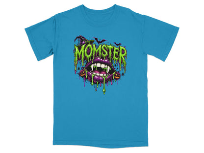 Momster text with dripping slime, vampire lips, witch hat, bats, and pumpkins.