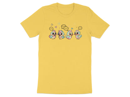 Yellow t-shirt with cartoon ducks talking, one says "Quack".