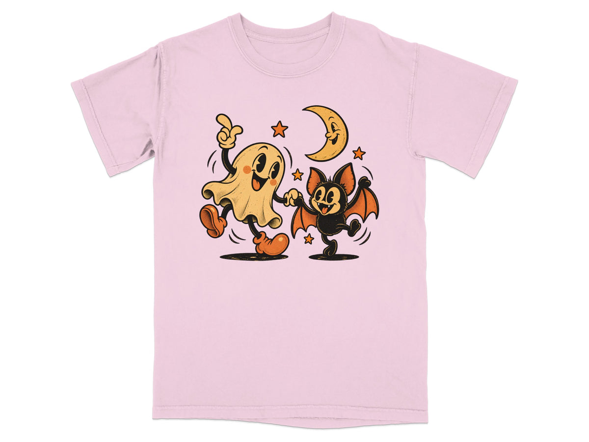 Cartoon ghost and bat dancing under a crescent moon with stars.