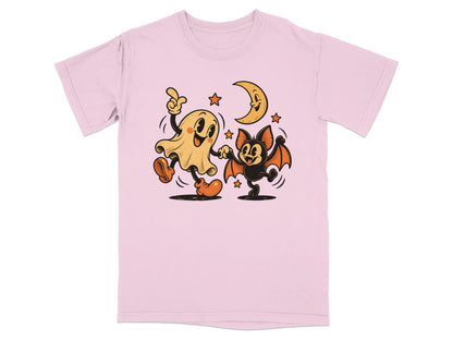 Cartoon ghost and bat dancing under a crescent moon with stars.