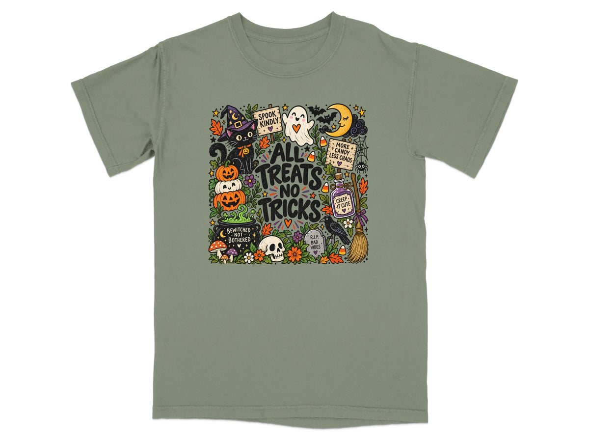 Halloween graphic with text "All Treats No Tricks", ghost, cat, pumpkins, moon, and potion.