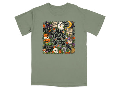 Halloween graphic with text "All Treats No Tricks", ghost, cat, pumpkins, moon, and potion.