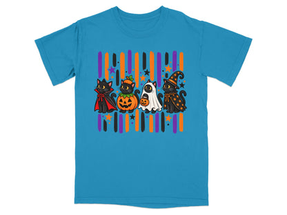 Four Halloween cats dressed as a vampire, pumpkin, ghost, and witch on striped background.