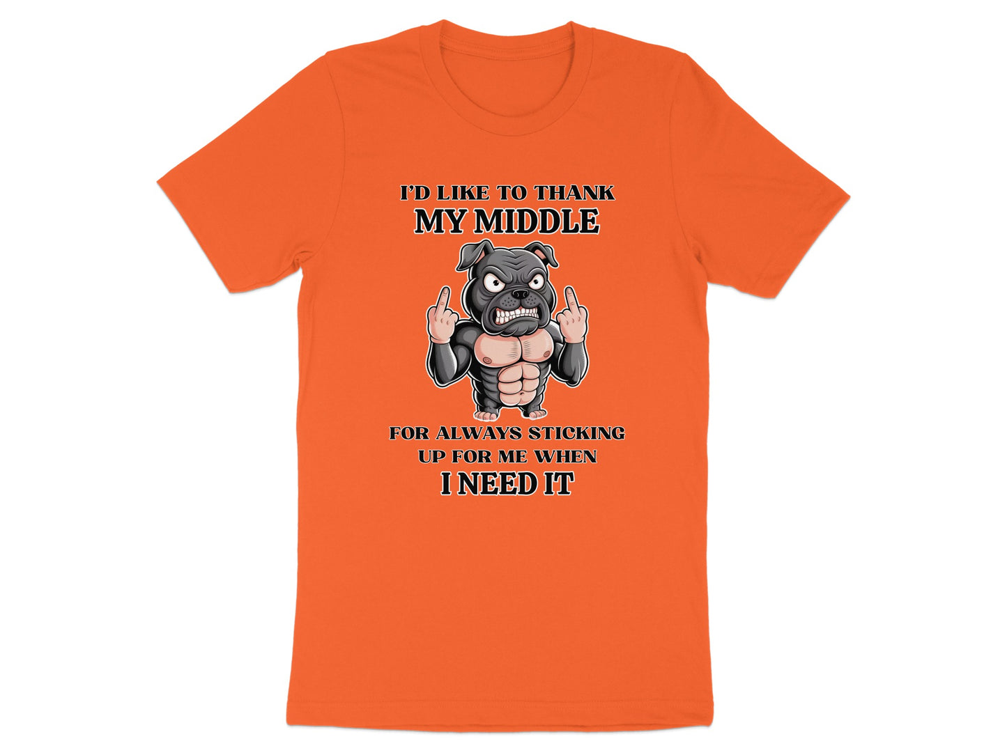 Orange t-shirt with cartoon dog and text "I'd like to thank my middle for always sticking up for me when I need it".