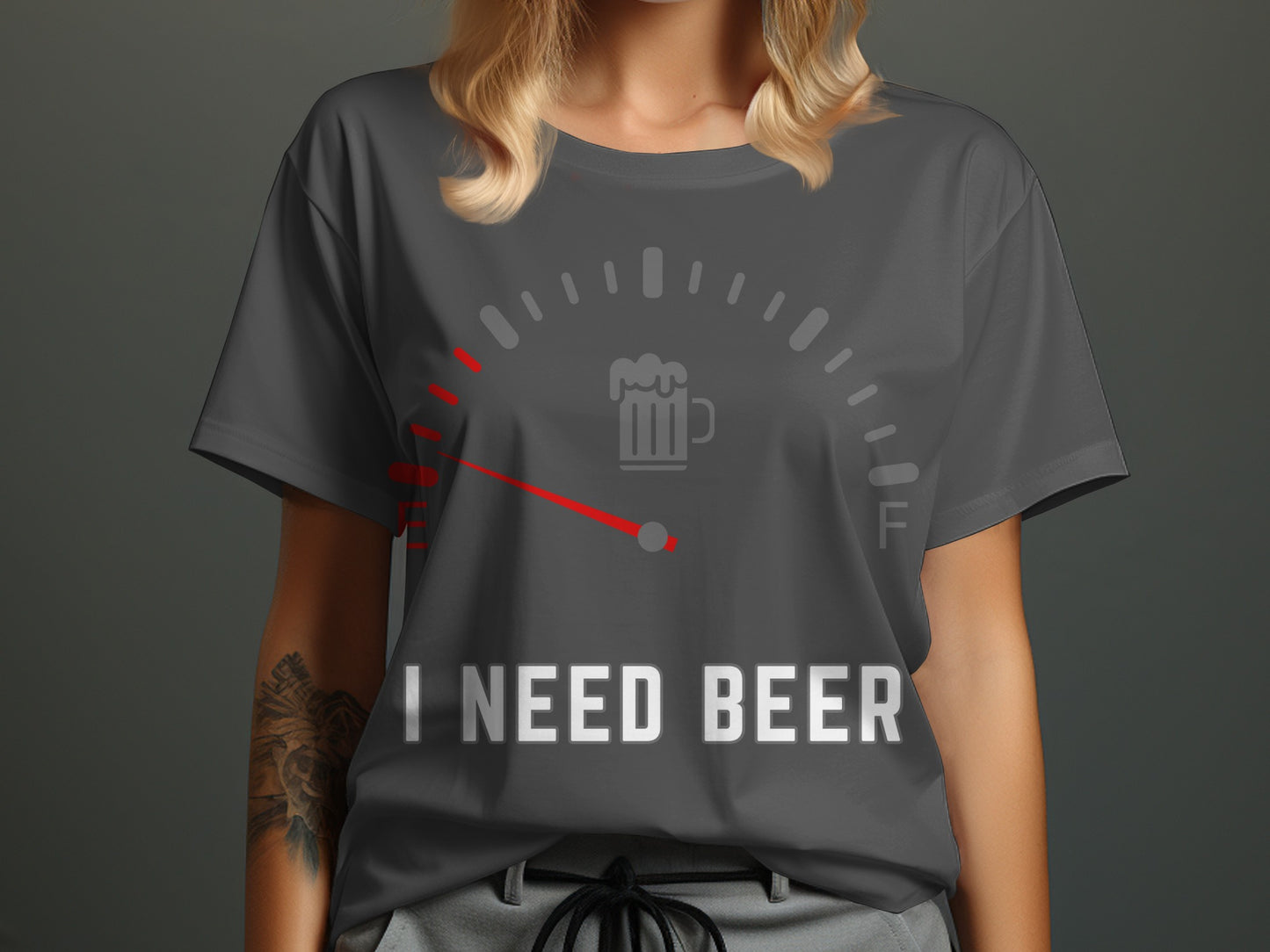 Dark gray t-shirt with a beer gauge and "I NEED BEER" text.