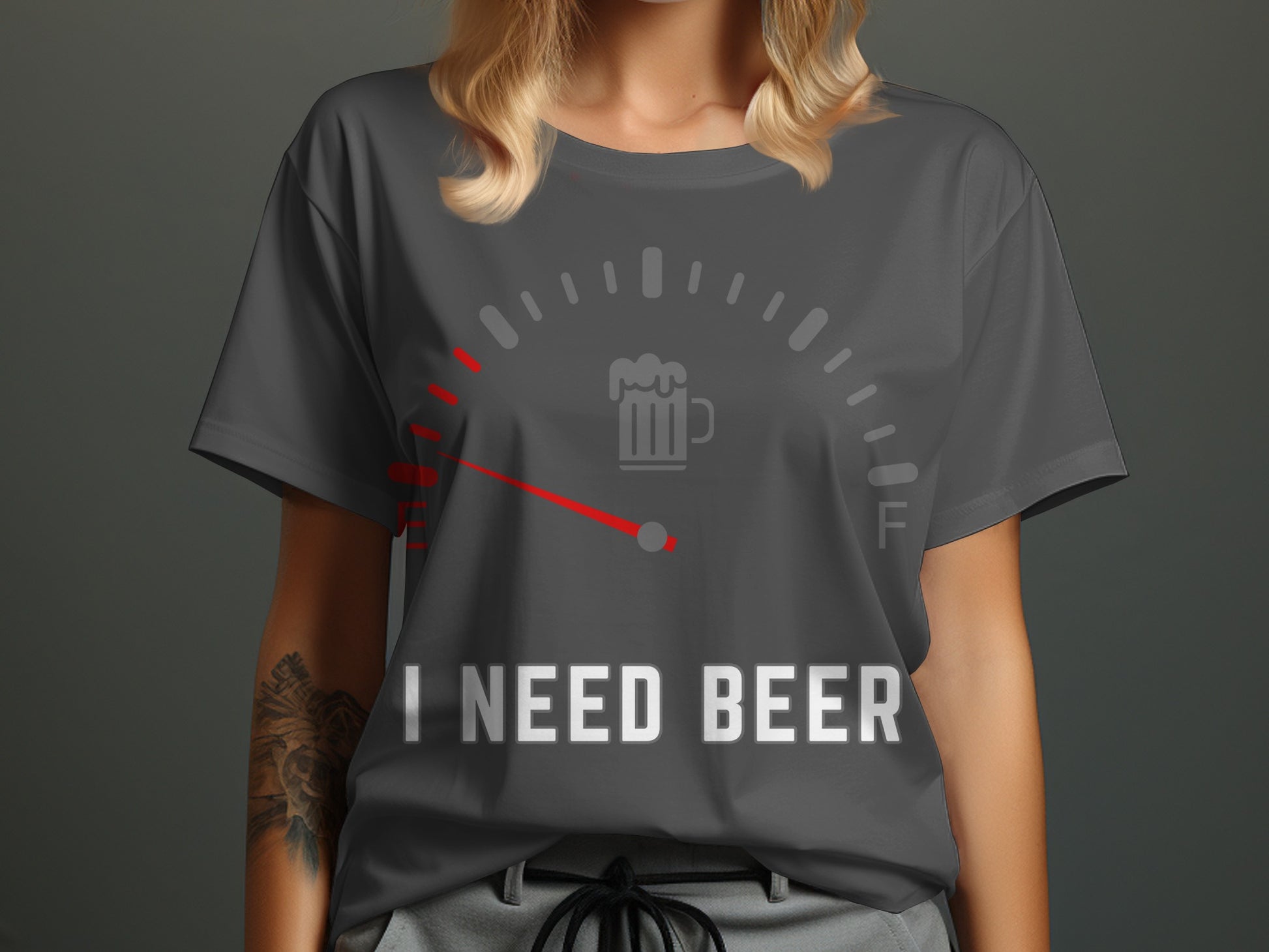 Dark gray t-shirt with a beer gauge and "I NEED BEER" text.