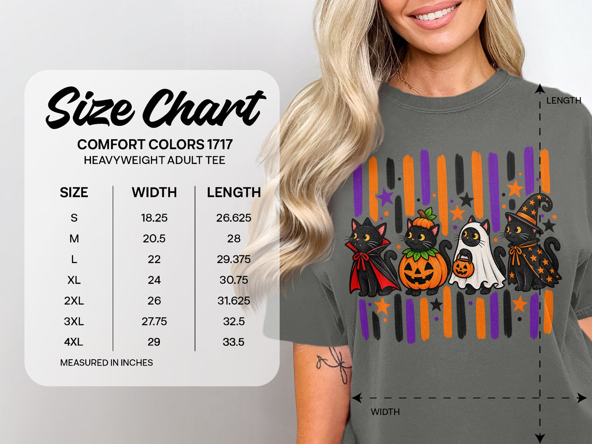 Size chart for Comfort Colors 1717 heavyweight adult tee with Halloween cats graphic.