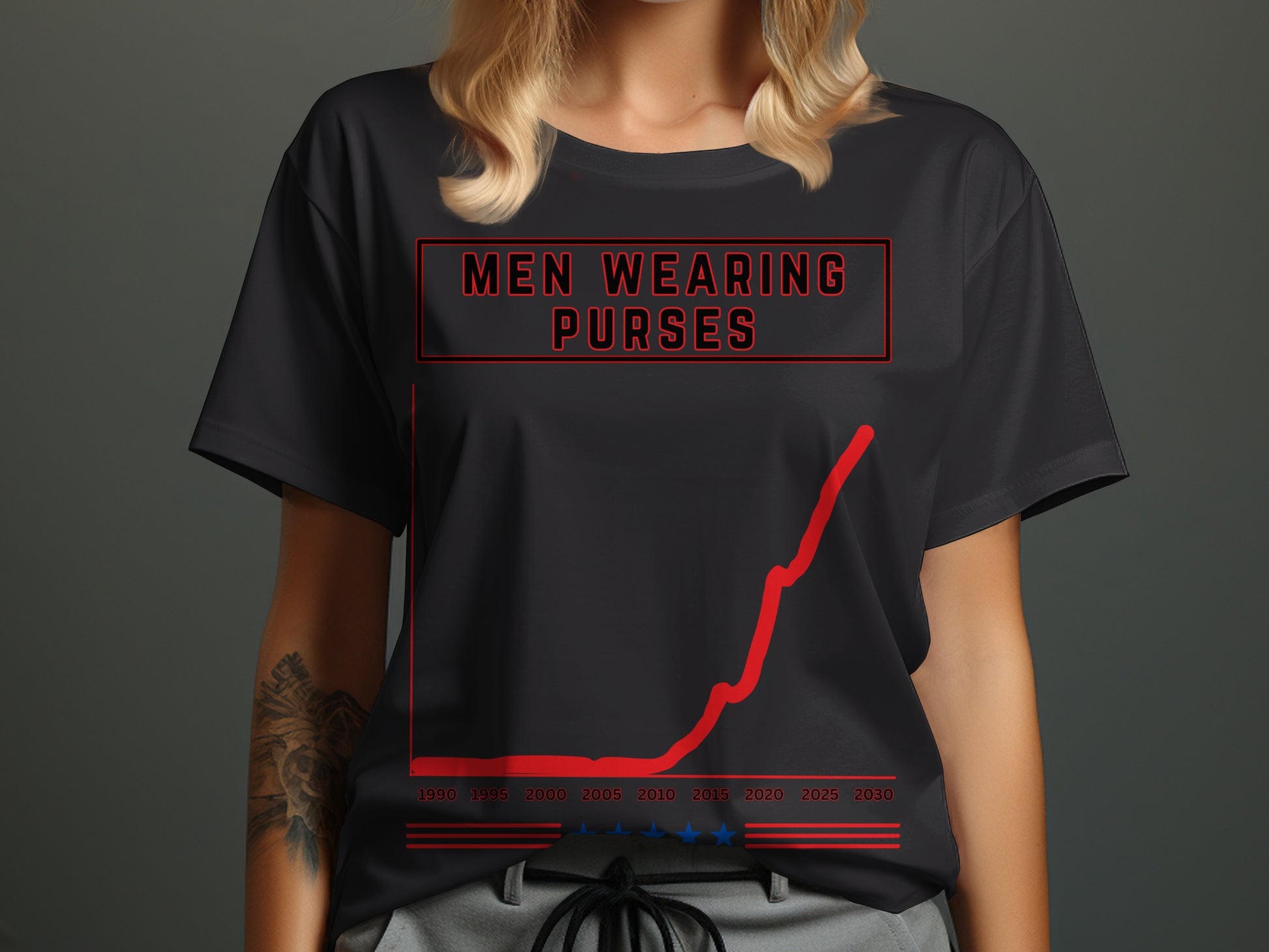 T-shirt with text "MEN WEARING PURSES" and an upward trending red graph.