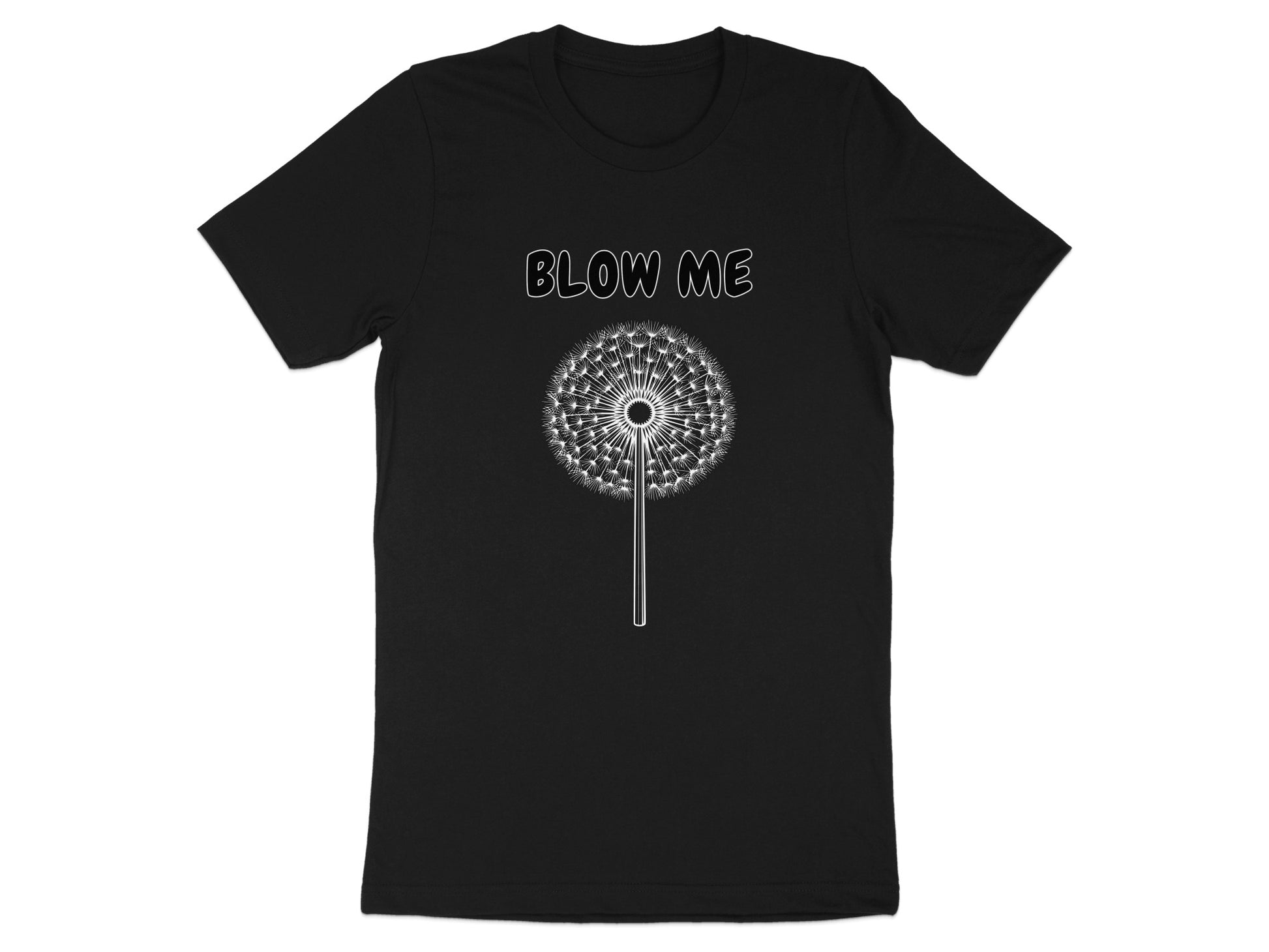 Black t-shirt with "BLOW ME" text and dandelion graphic.