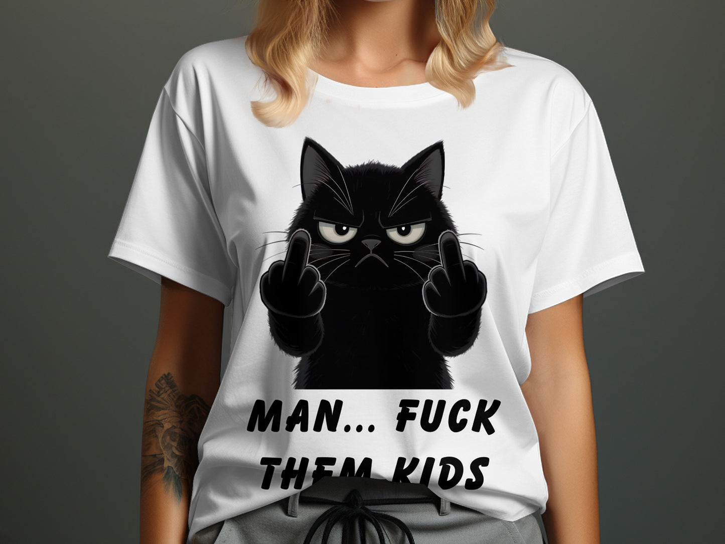 White t-shirt with a grumpy black cat giving the middle finger and text.
