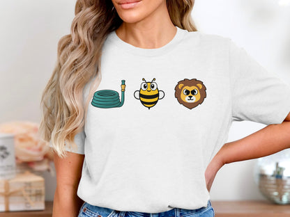 T-shirt graphic with coiled hose, cartoon bee, and lion head icons.