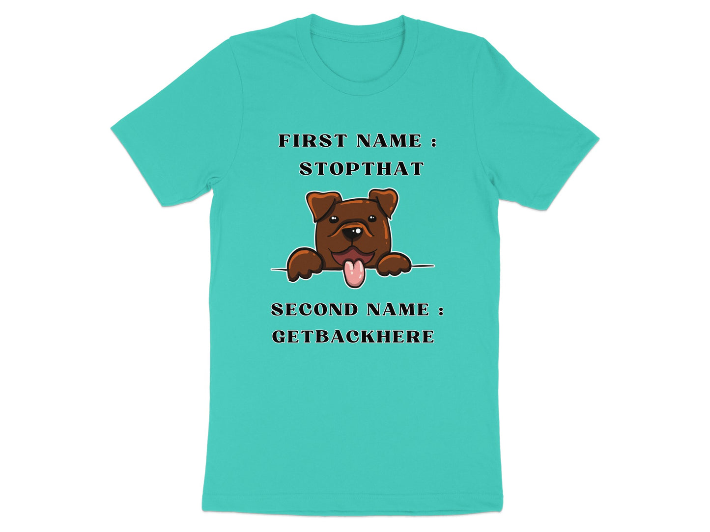 Teal t-shirt with brown dog, "First Name: Stopthat", "Second Name: Getbackhere".