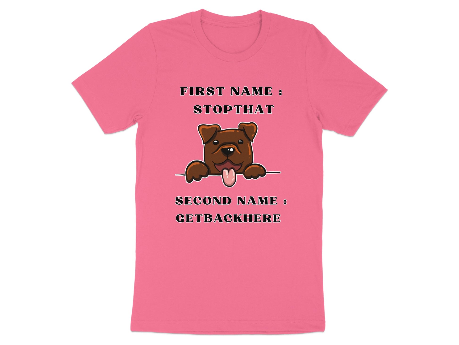 Pink t-shirt with illustration of a dog and text "FIRST NAME: STOPTHAT SECOND NAME: GETBACKHERE".