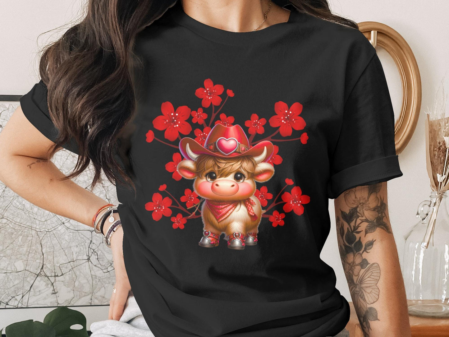 Cowboy Highland Cow T-Shirt: Floral Western Graphic Tee