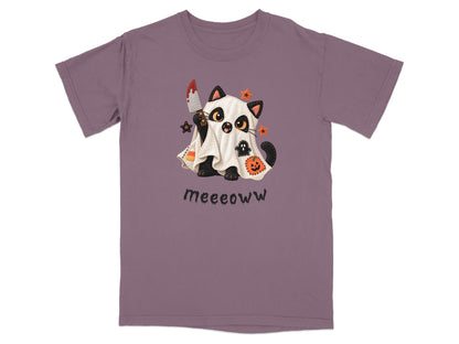 Black cat ghost with knife and text "Meeeoww" on a purple t-shirt.