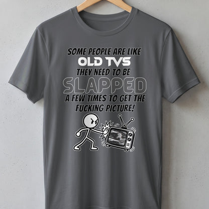 T-shirt graphic with stick figure slapping an old TV with static on screen.
