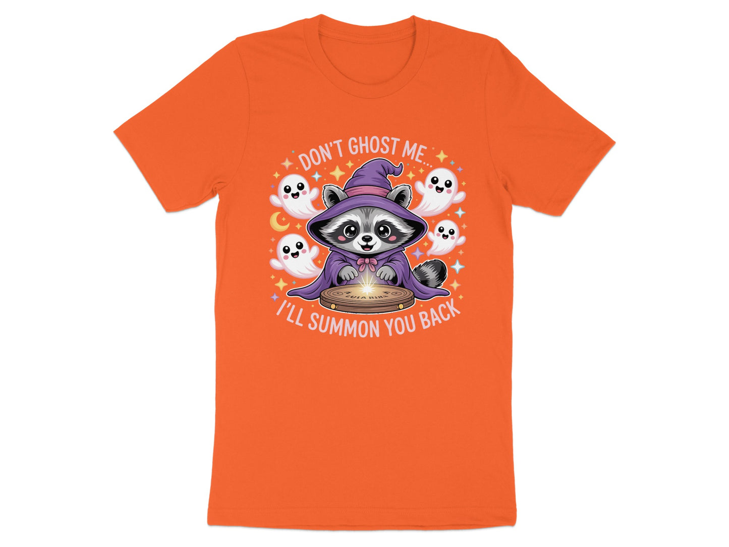 Raccoon in wizard hat with ghosts and text: "Don't ghost me... I'll summon you back."
