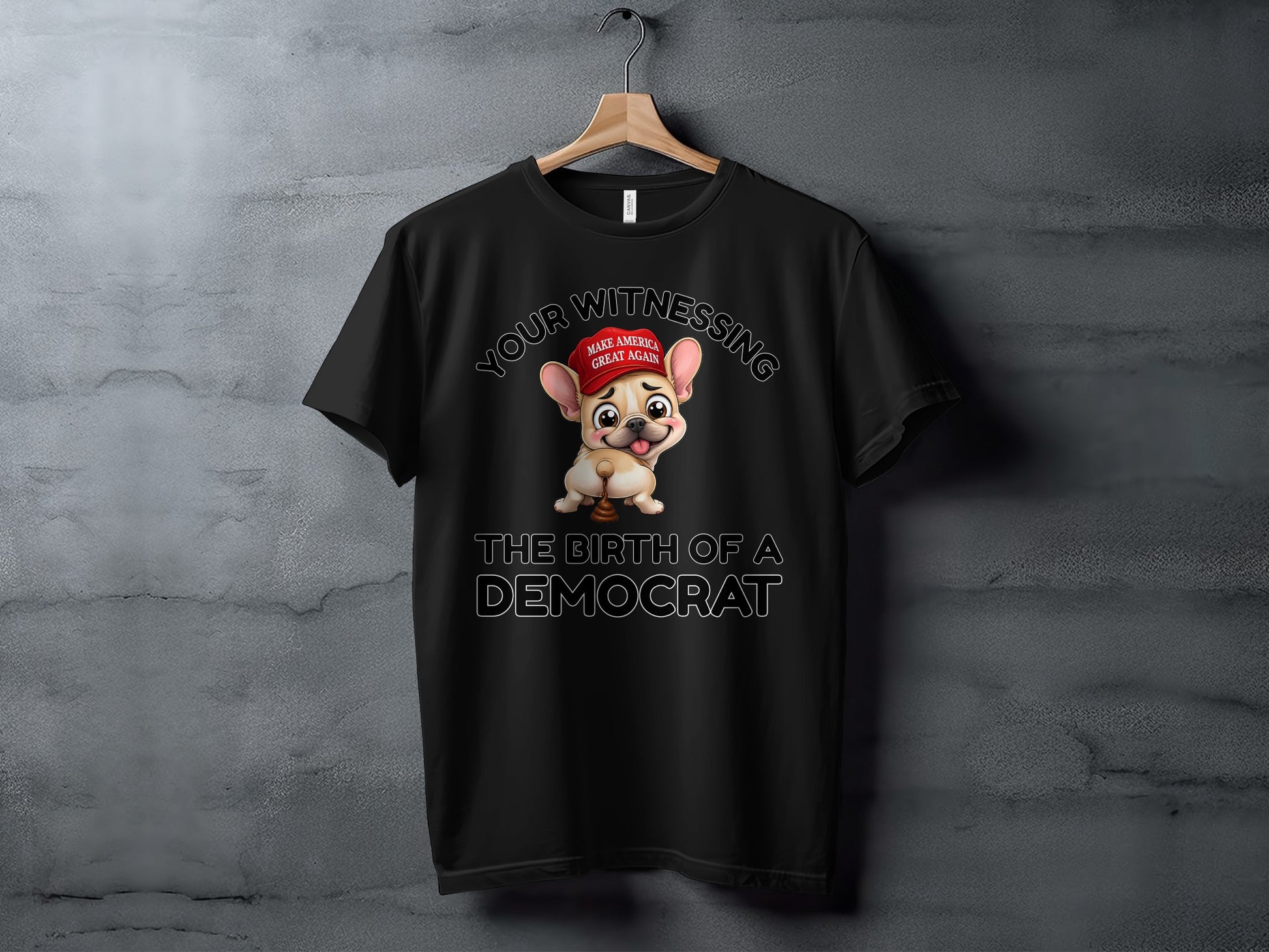 Black t-shirt with French bulldog wearing MAGA hat and text.