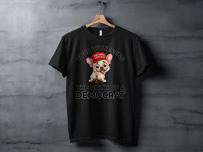 Black t-shirt with French bulldog wearing MAGA hat and text.