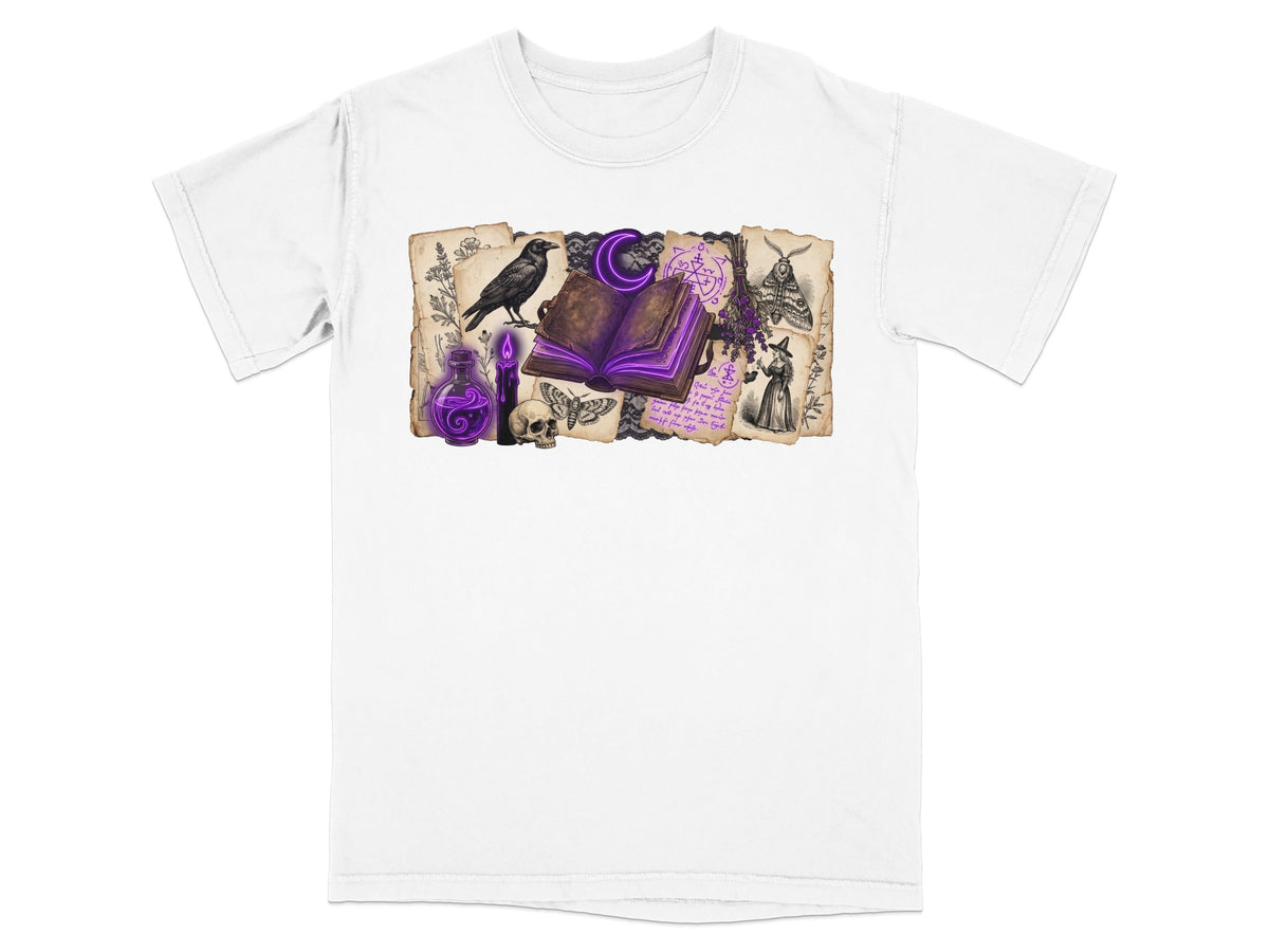White t-shirt with a mystical collage: raven, open book, potion bottle, skull, and moths.